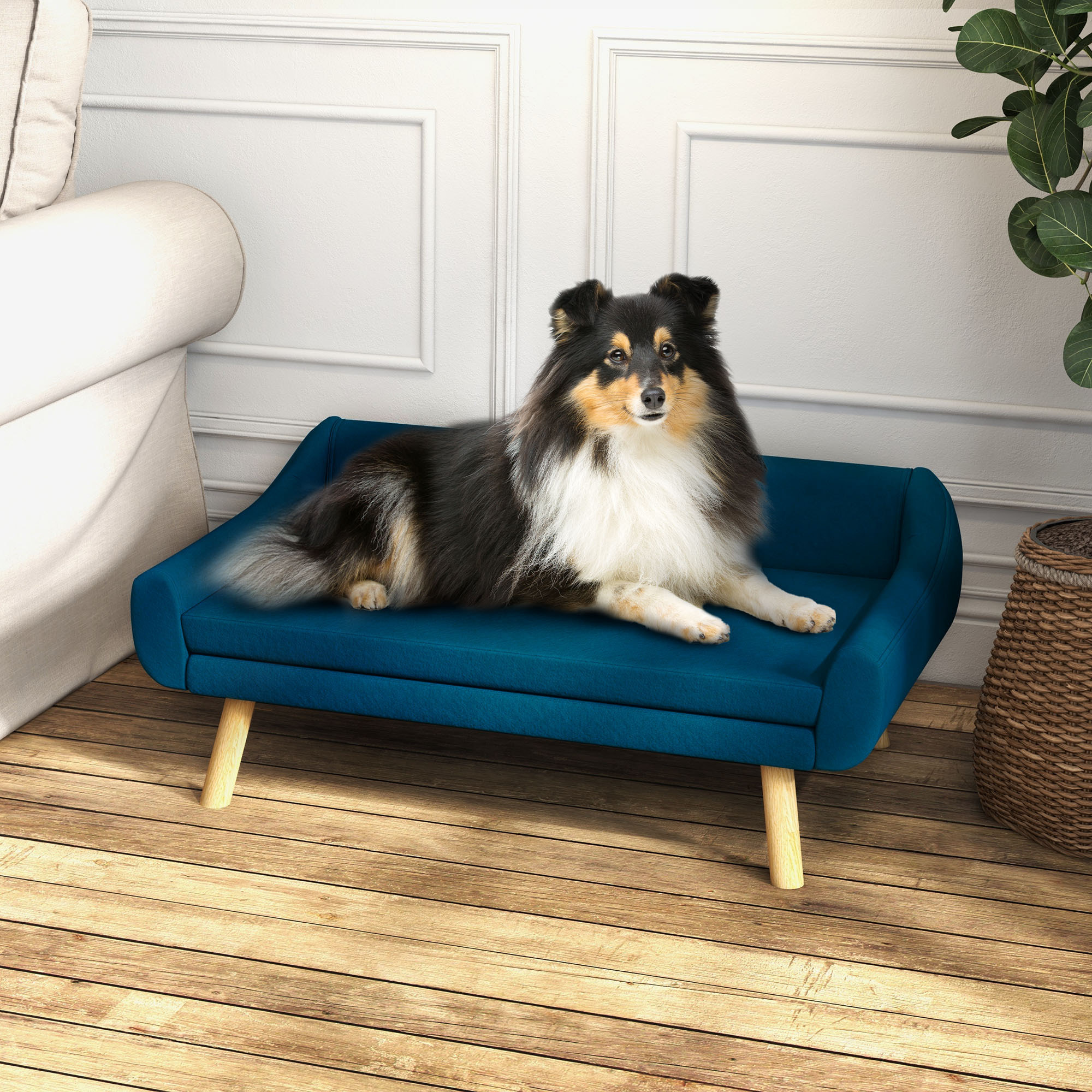 Canapé chien lit pour chien design scandinave - coussin moelleux déhoussable, pieds bois - velours bleu canard