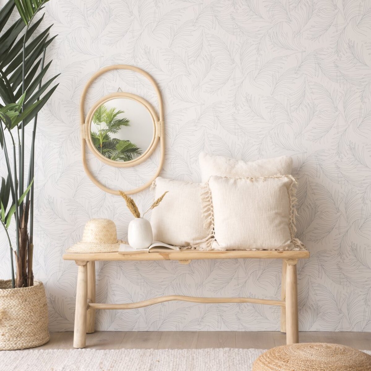 Dinha miroir rond mural en rotin naturel