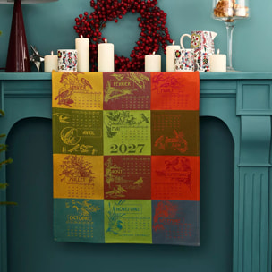 Torchon pur coton motif jacquard jaune rouge Calendrier 2027 celebration