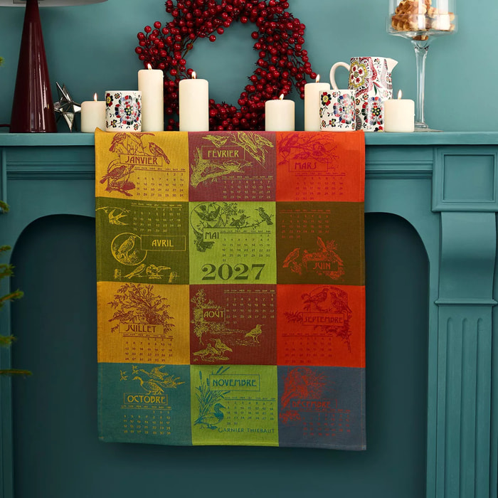 Torchon pur coton motif jacquard jaune rouge Calendrier 2027 celebration