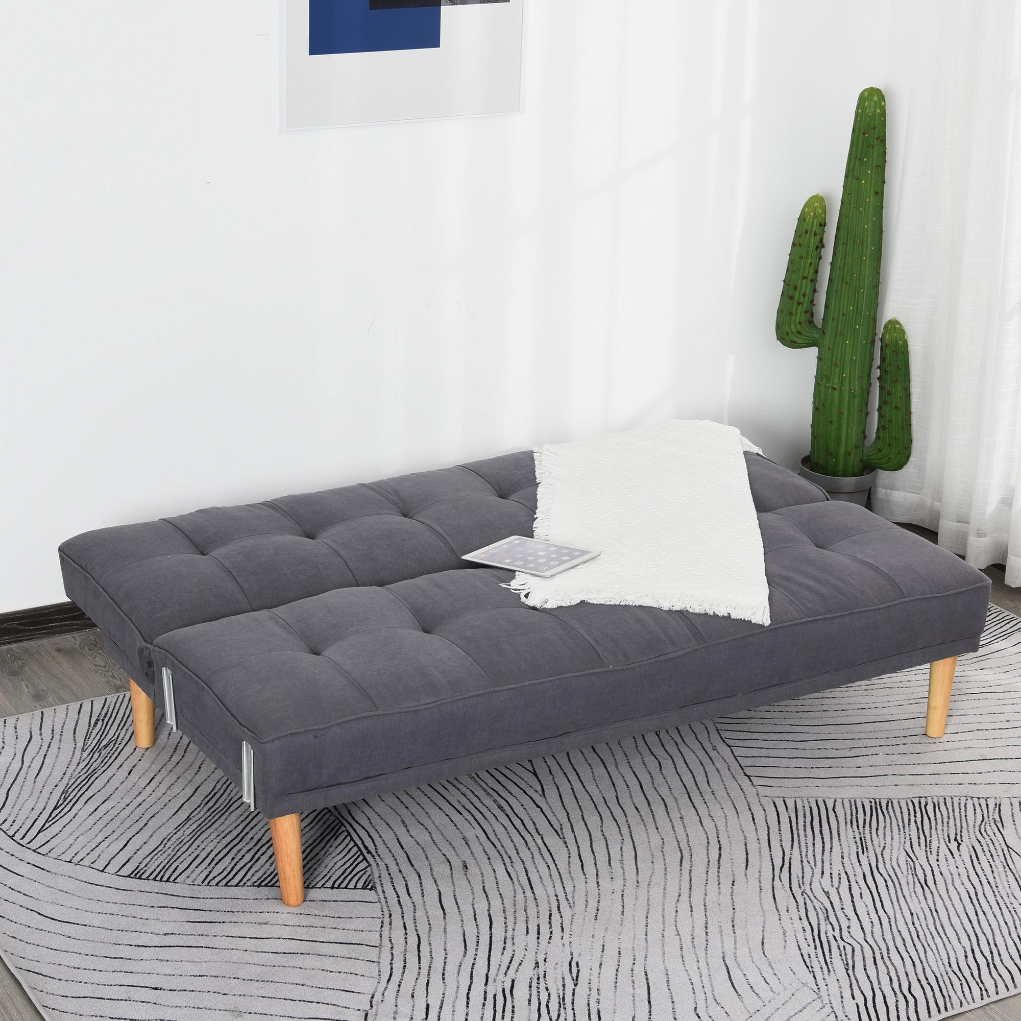 Canapé convertible 3 places design scandinave dossier inclinable 3 positions pieds bois tissu lin gris