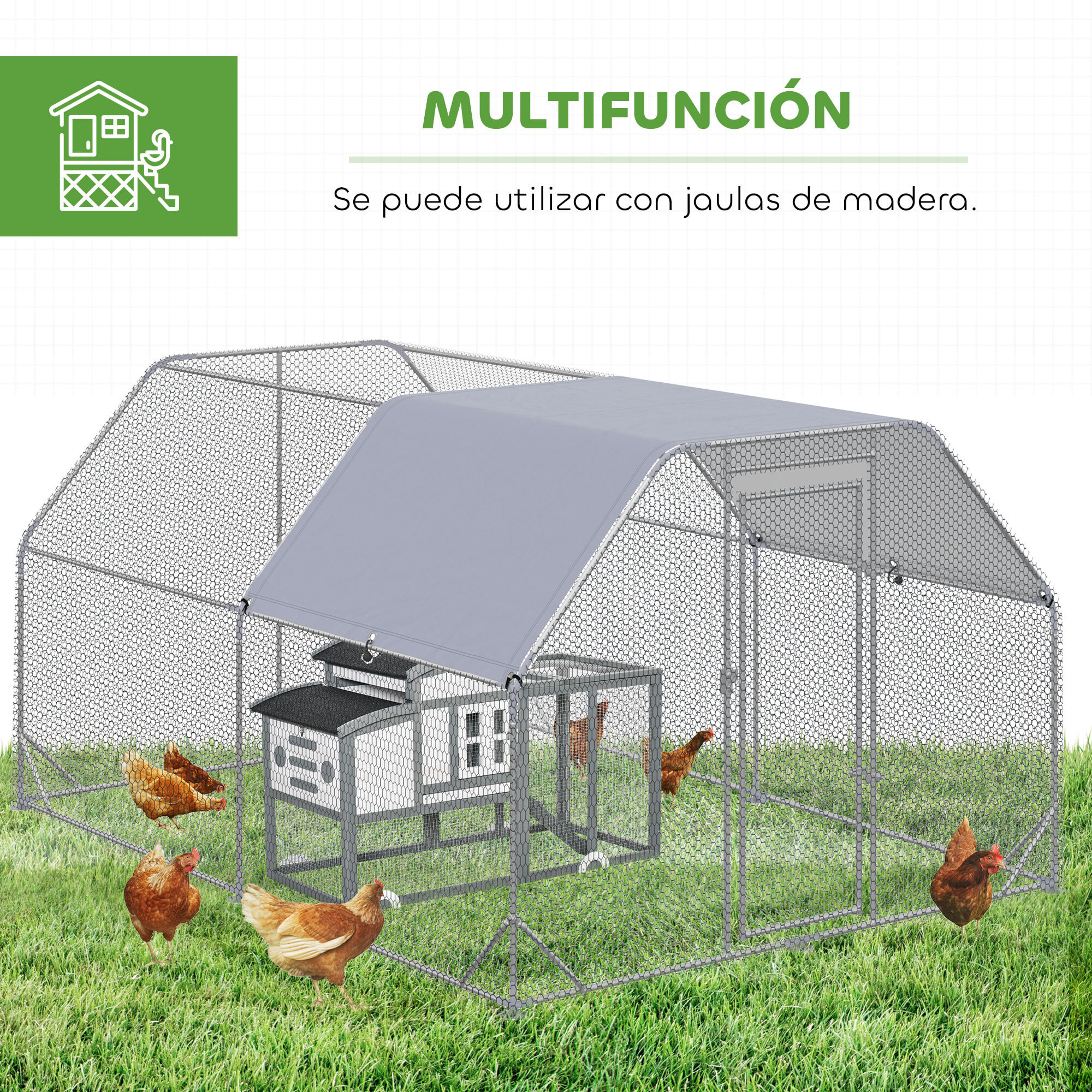 Gallinero para Exterior Grande, 2,8x3,8x1,95 m, Gallinero de Acero Galvanizado con 2 Habitaciones, Cubierta de Tela Oxford, Anti-UV e Impermeable, Jaula para 10-12 Gallinas y Conejos, Plata