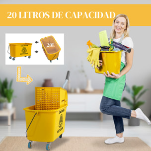 Cubo de Fregona con Ruedas Capacidad de 20 L Cubo de Fregar con Sistema de Escurridor Mopa y Asa de Transporte para Doméstico y Comercial Amarillo