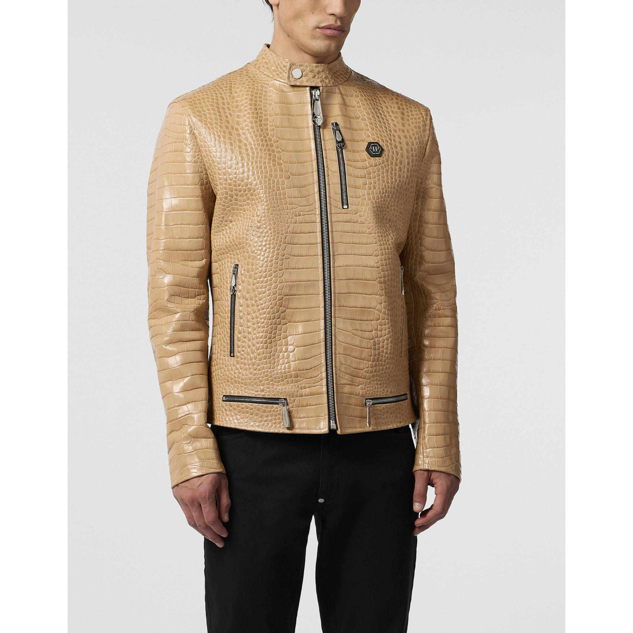 PHILIPP PLEIN Leather Moto Jacket Cocco