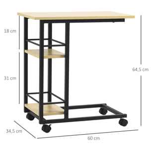 HOMCOM Mesa Auxiliar con Ruedas Mesa Lateral en Forma de C para Sofá Cama con 2 Estantes y Frenos para Dormitorio Salón Estilo Moderno 60x34,5x64,5 cm Natural