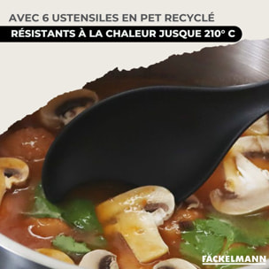 Set 1 poêle,  3 casseroles 12 16 20 cm, 3 faitouts 16, 20 et 24 cm en inox et 6 ustensiles RPET Fackelmann Geneva