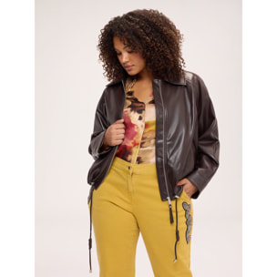 Fiorella Rubino - Giacca biker con coulisse al fondo - Marrone