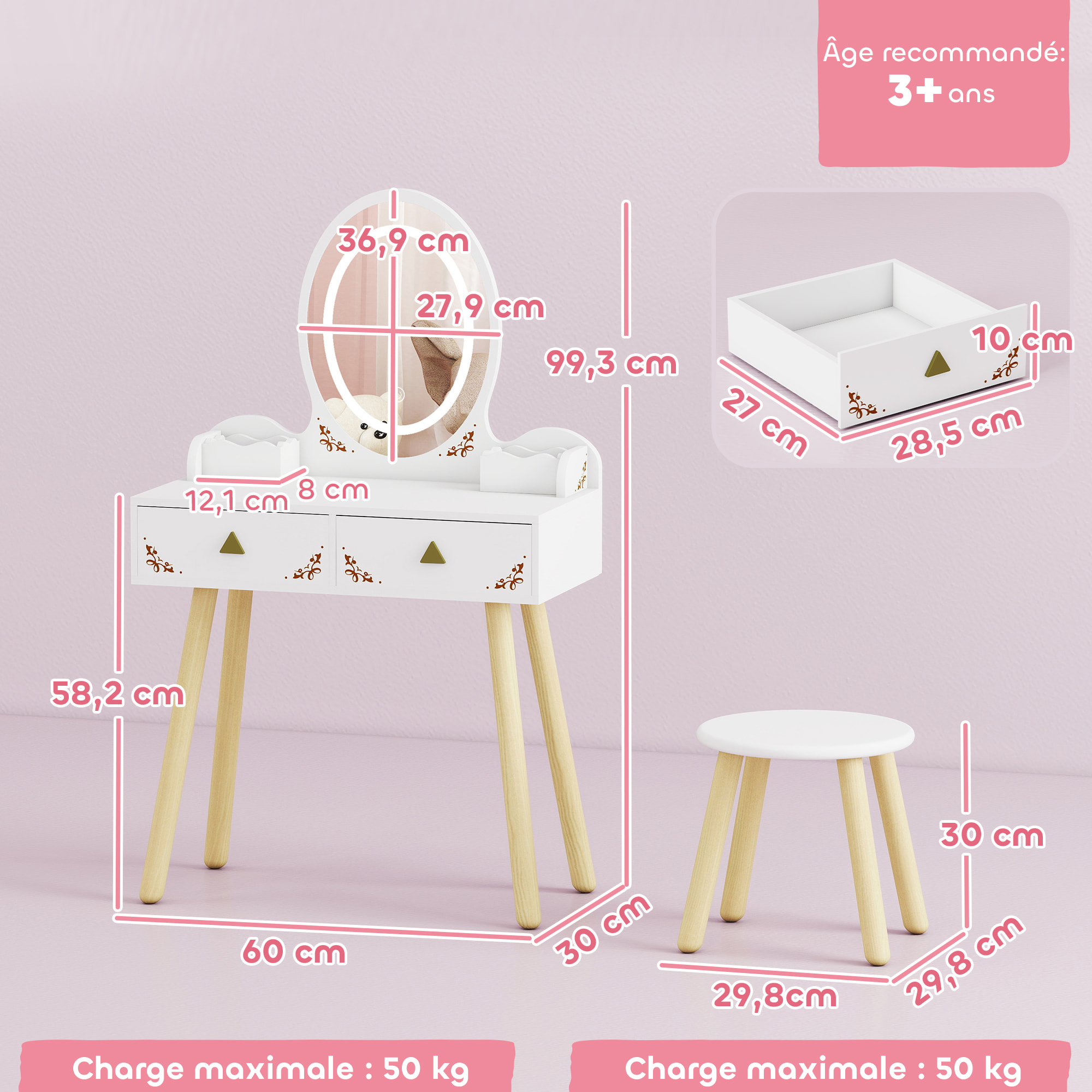 Coiffeuse enfant en bois style scandinave - tabouret assorti, miroir LED 3 couleurs intégré - bois blanc