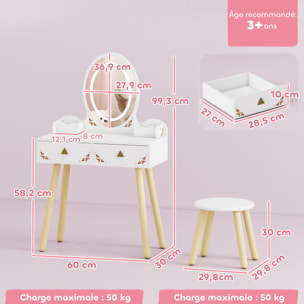 Coiffeuse enfant en bois style scandinave - tabouret assorti, miroir LED 3 couleurs intégré - bois blanc