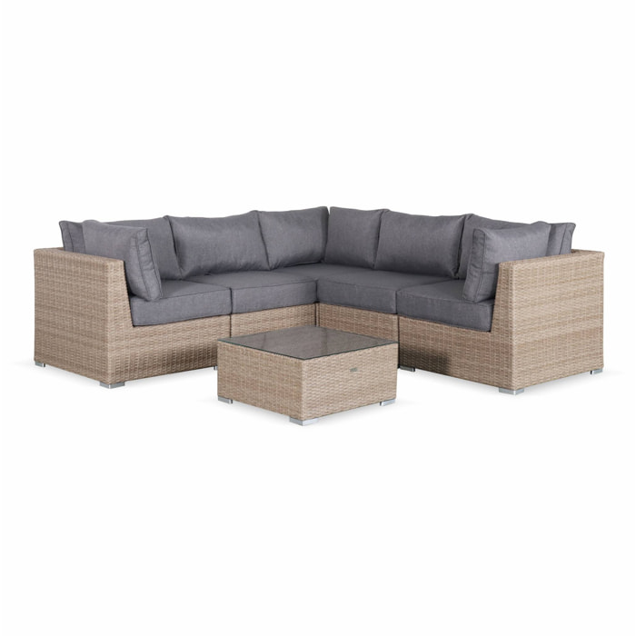 Salon de jardin Premium en résine tressée arrondie – VITTORIA – Résine naturelle style osier. coussins gris foncé – 5 places. haut de gamme