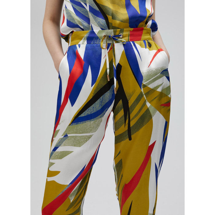 Pantaloni jogger satinati stampa tropicale