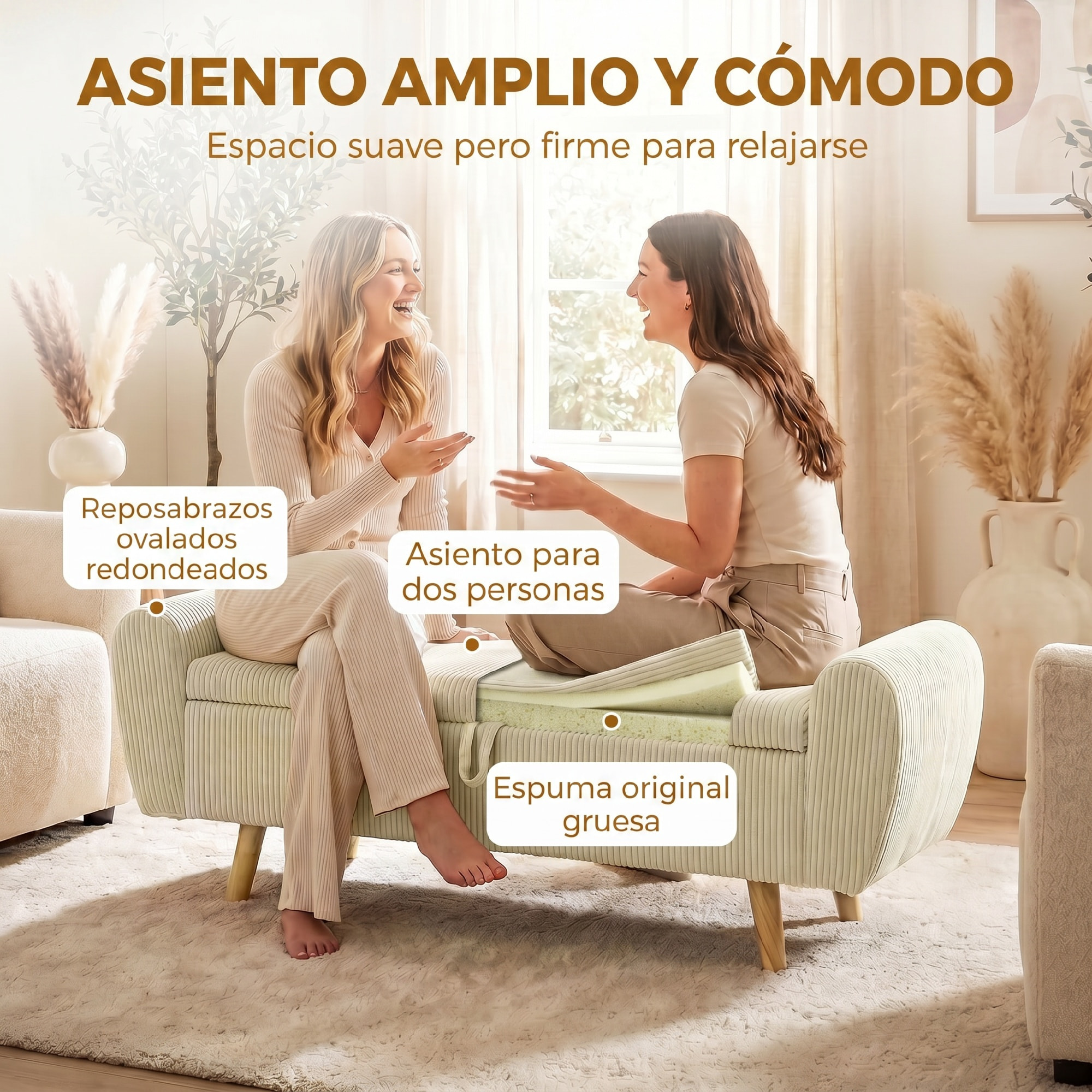 Banco Almacenaje 150 cm, Puff Almacenaje Tapizado en Pana, Banco Pie de Cama con Brazos Redondeados y Patas de Madera, Otomana para Dormitorio, Salón, Recibidor, Beige