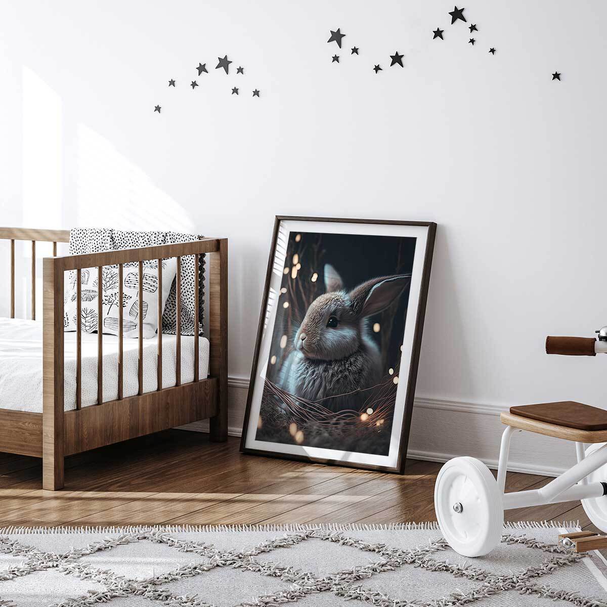 Affiche enfant lapin dans le nid  Affiche + cadre en bois - Noir