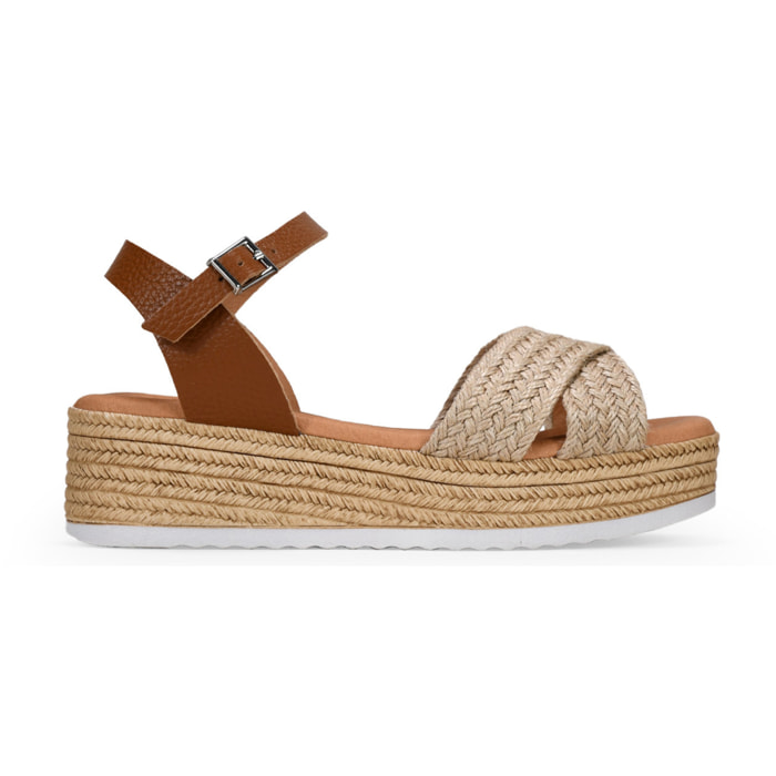 Sandalias de piel cuero con cuña y plataforma de esparto