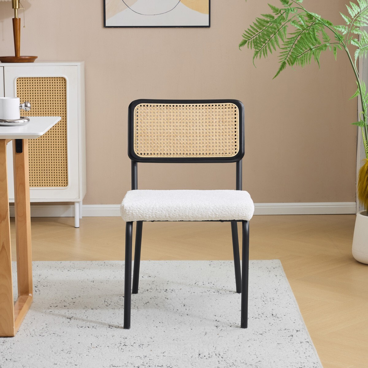 Lot de 2 chaises noires, cannage et tissu bouclé - PAULA