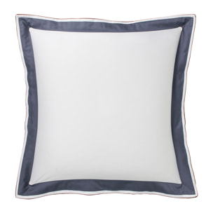 Taie d'oreiller tricolore en satin de coton avec bande appliquée, MARCEAU, Blanc Neige/Bleu Marine
