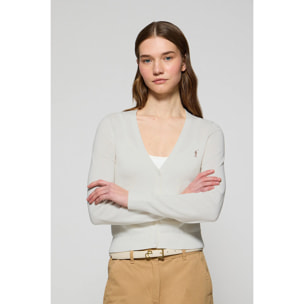 Cardigan beige in filo abbottonato con scollo a V e ricamo Rigby Go