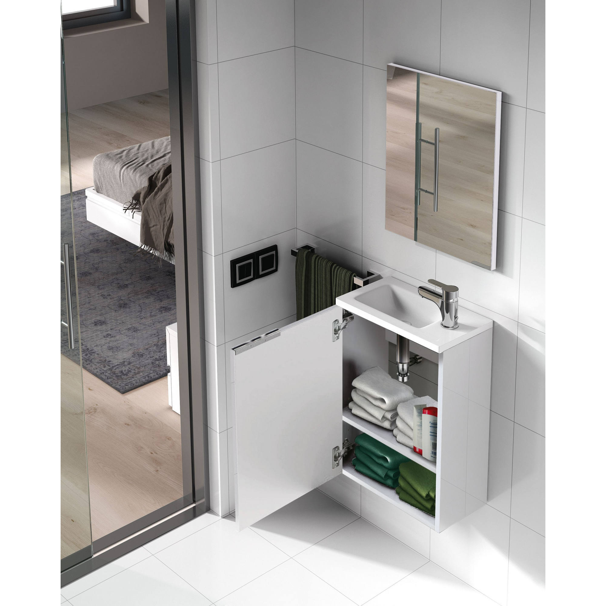 Mobile sottolavabo Peoria, Mobiletto per bagno sospeso, Armadio a 1 anta con specchio e lavabo, cm 40x22h58, Bianco lucido