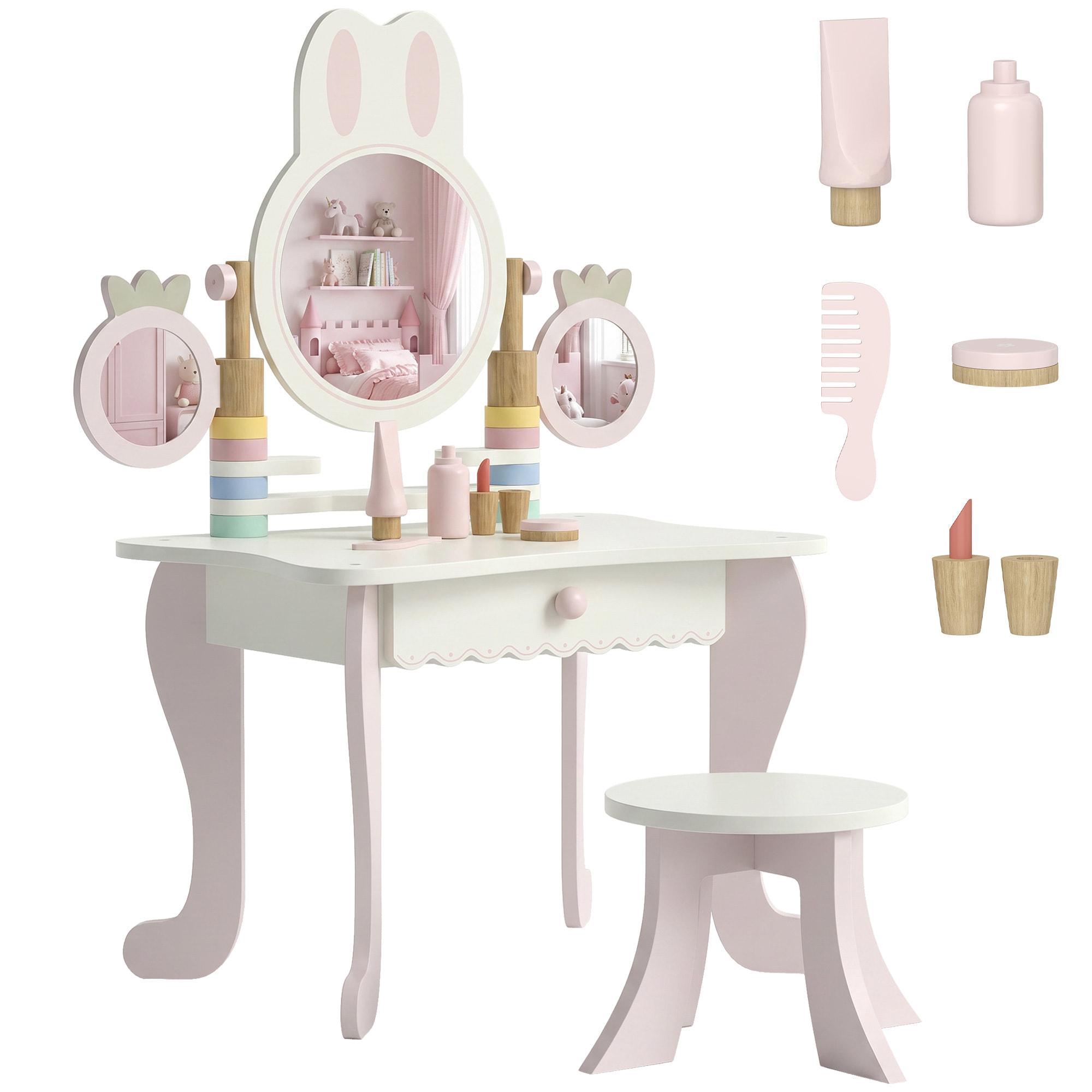 Tocador para Niñas, Tocador de Maquillaje Niñas con Taburete, Espejos Giratorios, Cajón, 6 Accesorios, Bandejas Laterales, Juguete para +3 Años, Rosa