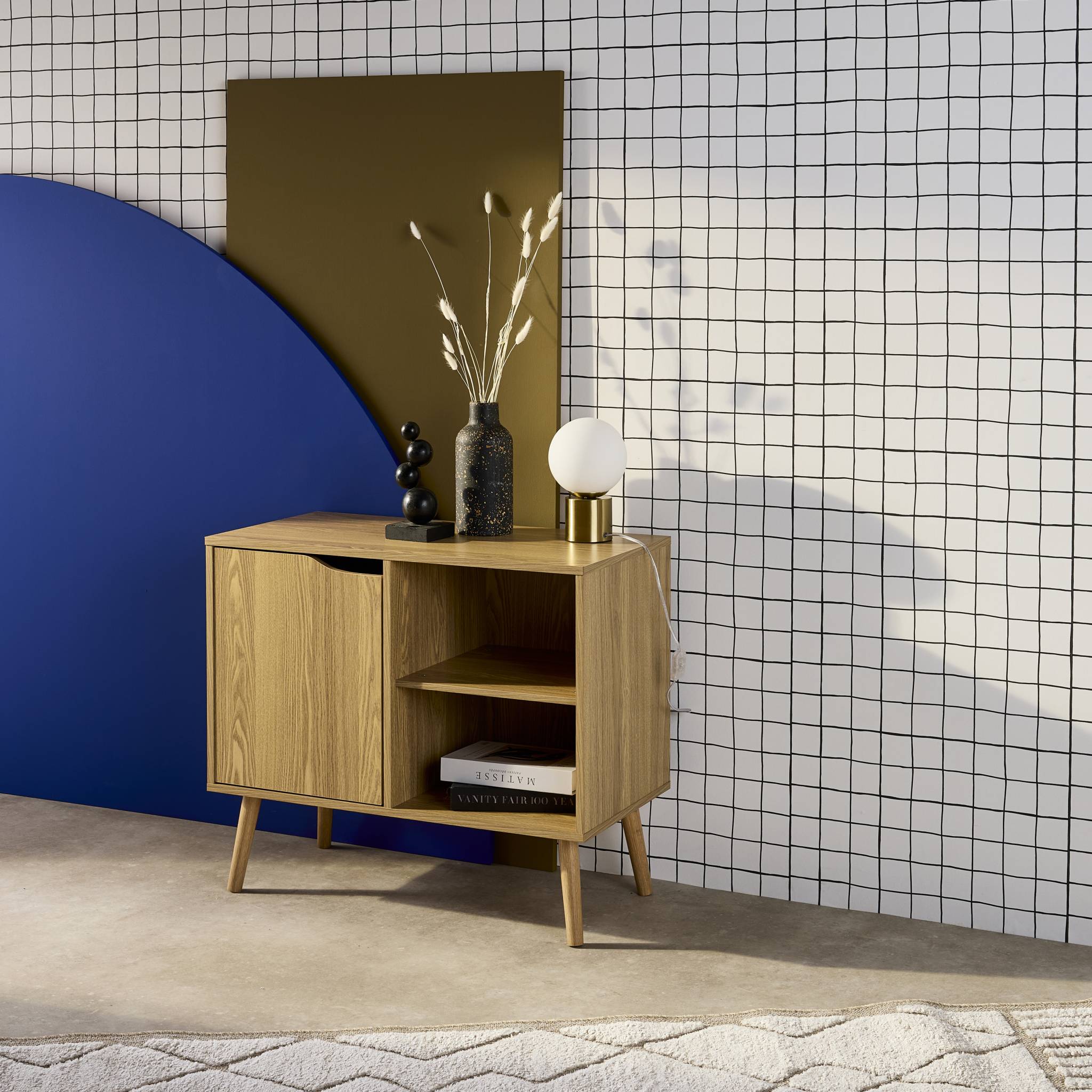 Buffet de rangement effet frêne 1 porte. 2 étagères. buffet bas. 80cm