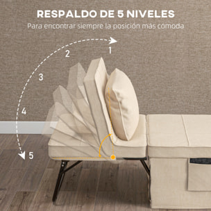 Sofá Cama de 1 Plaza 4 en 1, Sillón Cama Plegable, Otomana, Tapizado en Lino, con Respaldo Ajustable de 5 Niveles, Almohada Acolchada, para Oficina, Dormitorio, Salón, 75x80x74 cm, Crema