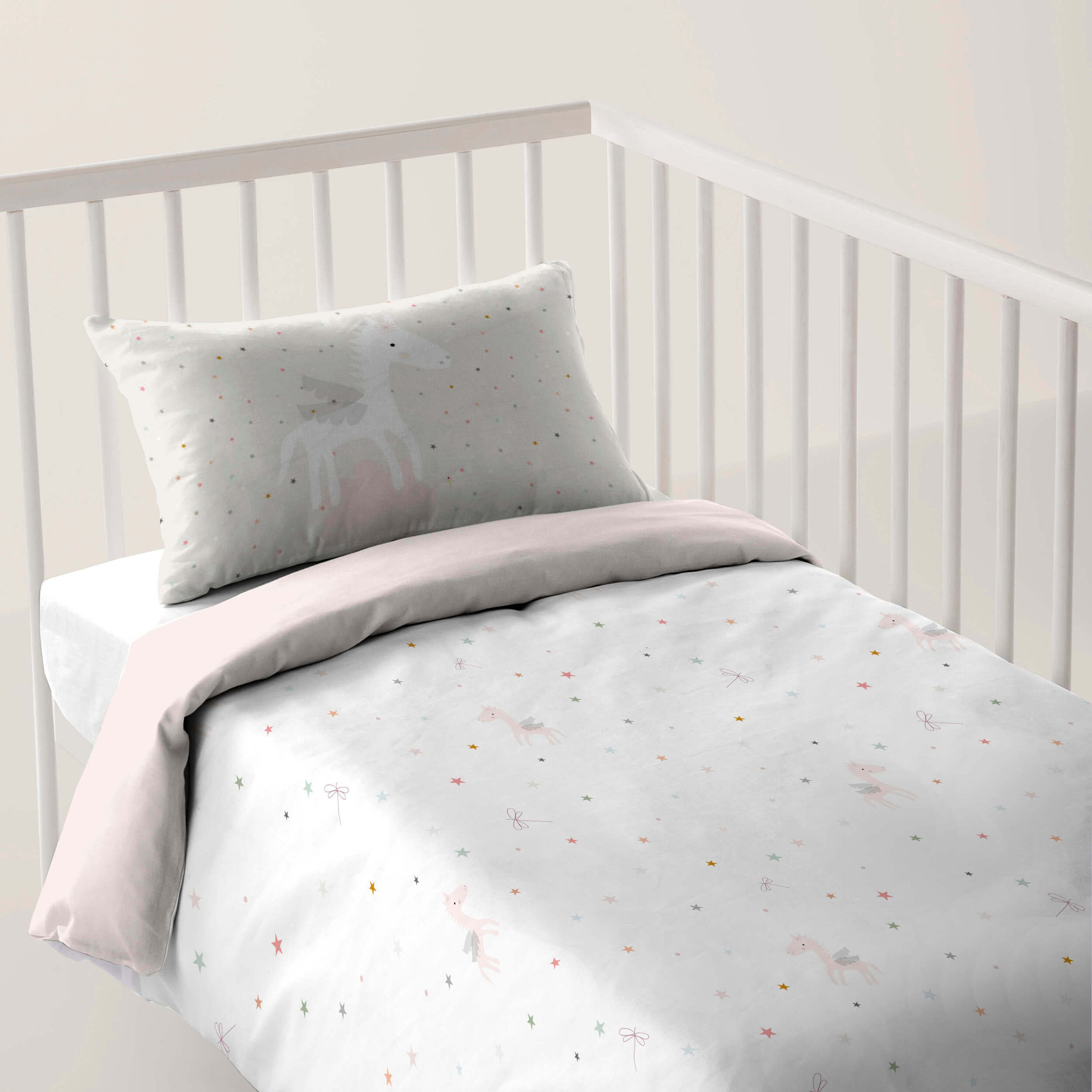 Funda Nórdica Estampada - Reversible - Infantil - Cierre Solapa - 100% Algodón - Incluye 1 Funda de Almohada - Cuna/Maxicuna - Pegaso Mágico