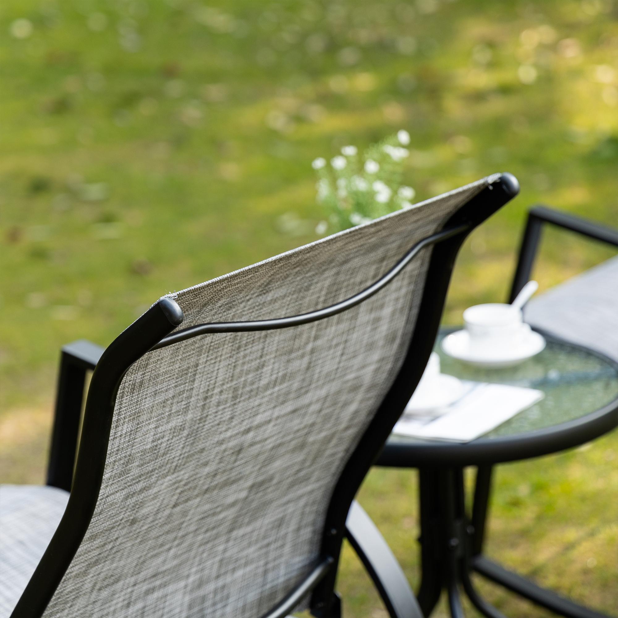 Ensemble de jardin 3 pièces 2 fauteuils à bascule table basse plateau verre trempé acier époxy textilène gris