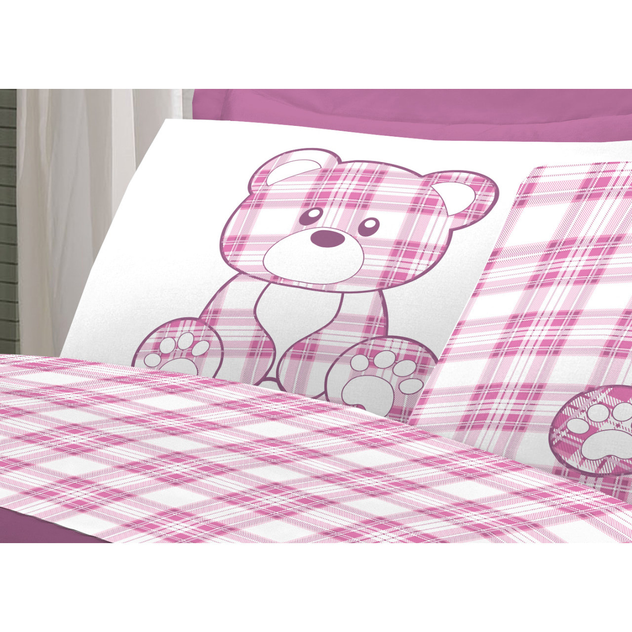 Completo Lenzuola In 100% Cotone Orsetto Tartan Primavera