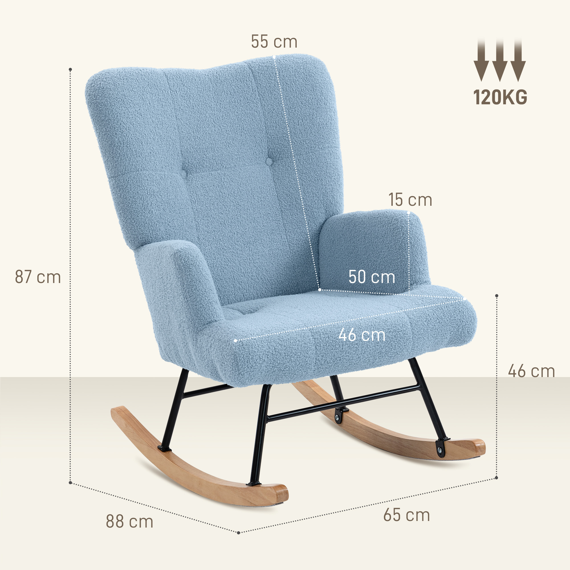 Silla Mecedora, Mecedora de Terciopelo de Teddy con Respaldo Alto, Patas de Madera de Caucho, Reposabrazos, Estilo Moderno, Sillón de Lactancia, Carga 120 kg, para Dormitorio, Salón, Azul Claro
