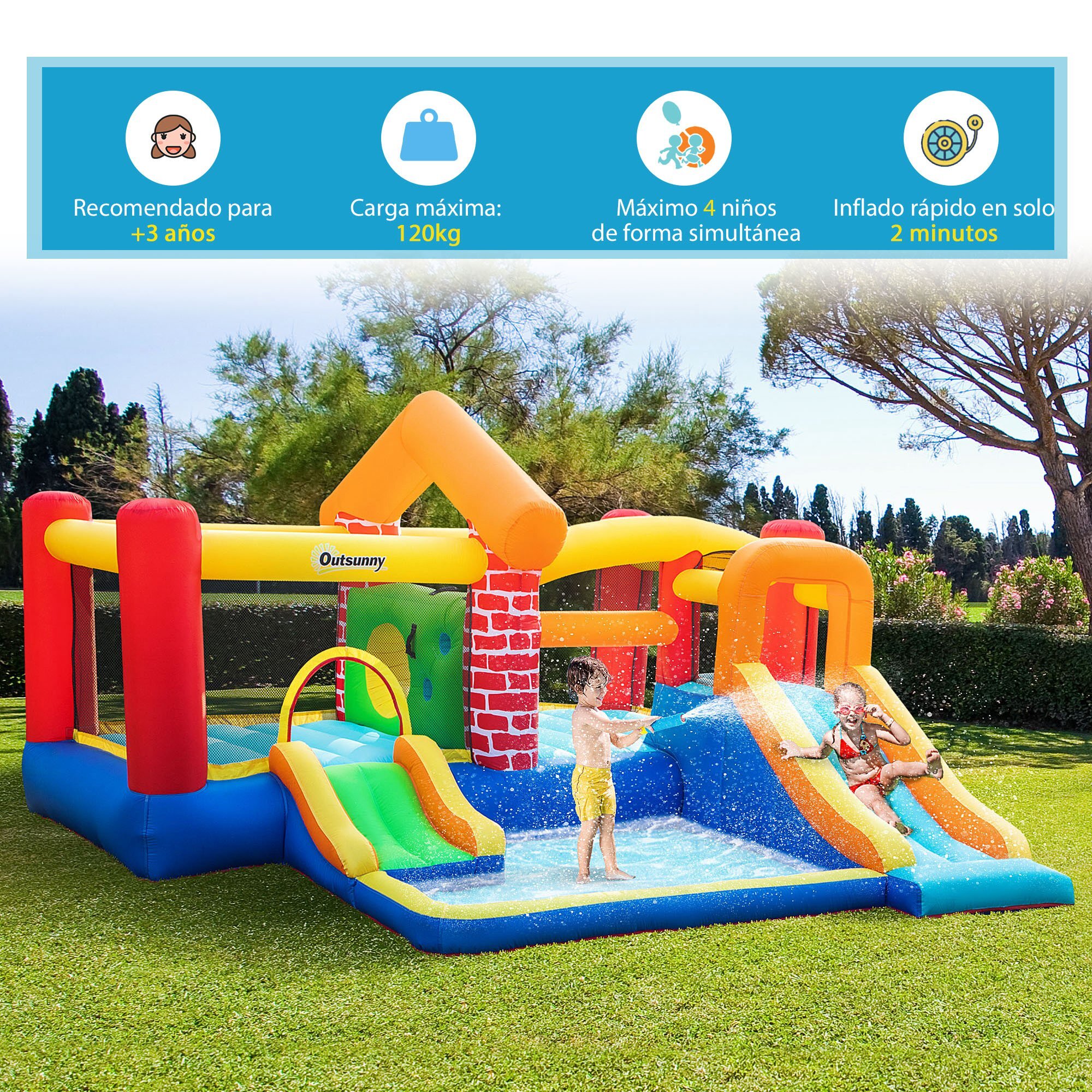 Castillo Hinchable con 2 Toboganes 2 Camas de Salto y Piscina para Niños +3 Años Incluye Inflador y Bolsa de Transporte para Interior Exterior 380x370x230 cm Multicolor