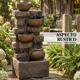 Fuente de Agua Decorativa con Iluminación LED y Bomba, Fuente de Jardín Exteror en Cascada de 5 Niveles, Flujo Ajustable, Resistente a la intemperie, para Jardín, Terraza, Marrón Rústico