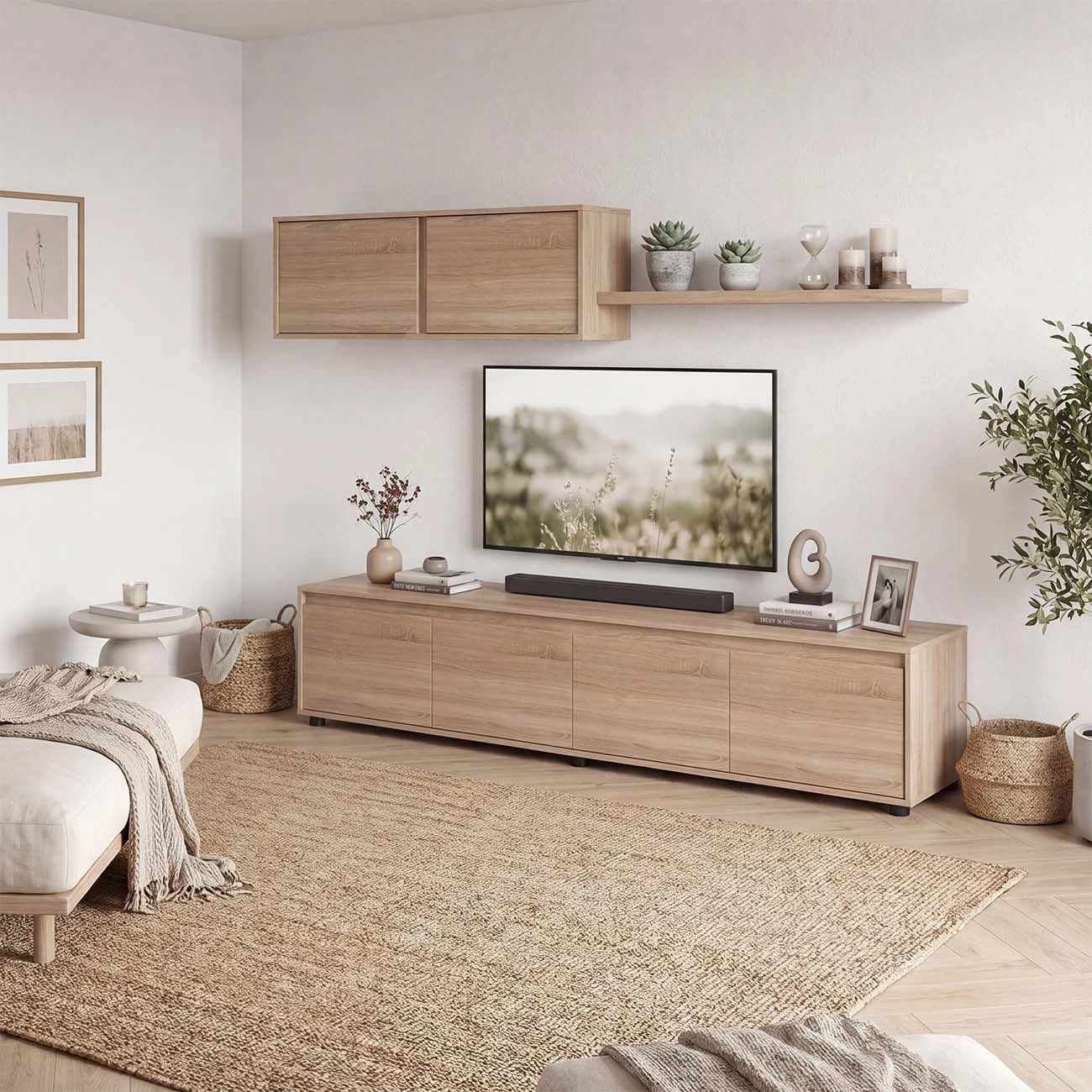 Salón con mueble de TV y estantería en roble canadian 200 cm Arlet Roble Canadian