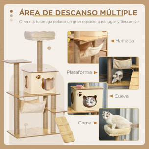 Árbol Rascador para Gatos Torre de Escalada con Plataformas Hamaca Escalera Cueva Postes para Rascar de Yute Bola Colgante Juego y Descanso 60x40x130 cm Beige