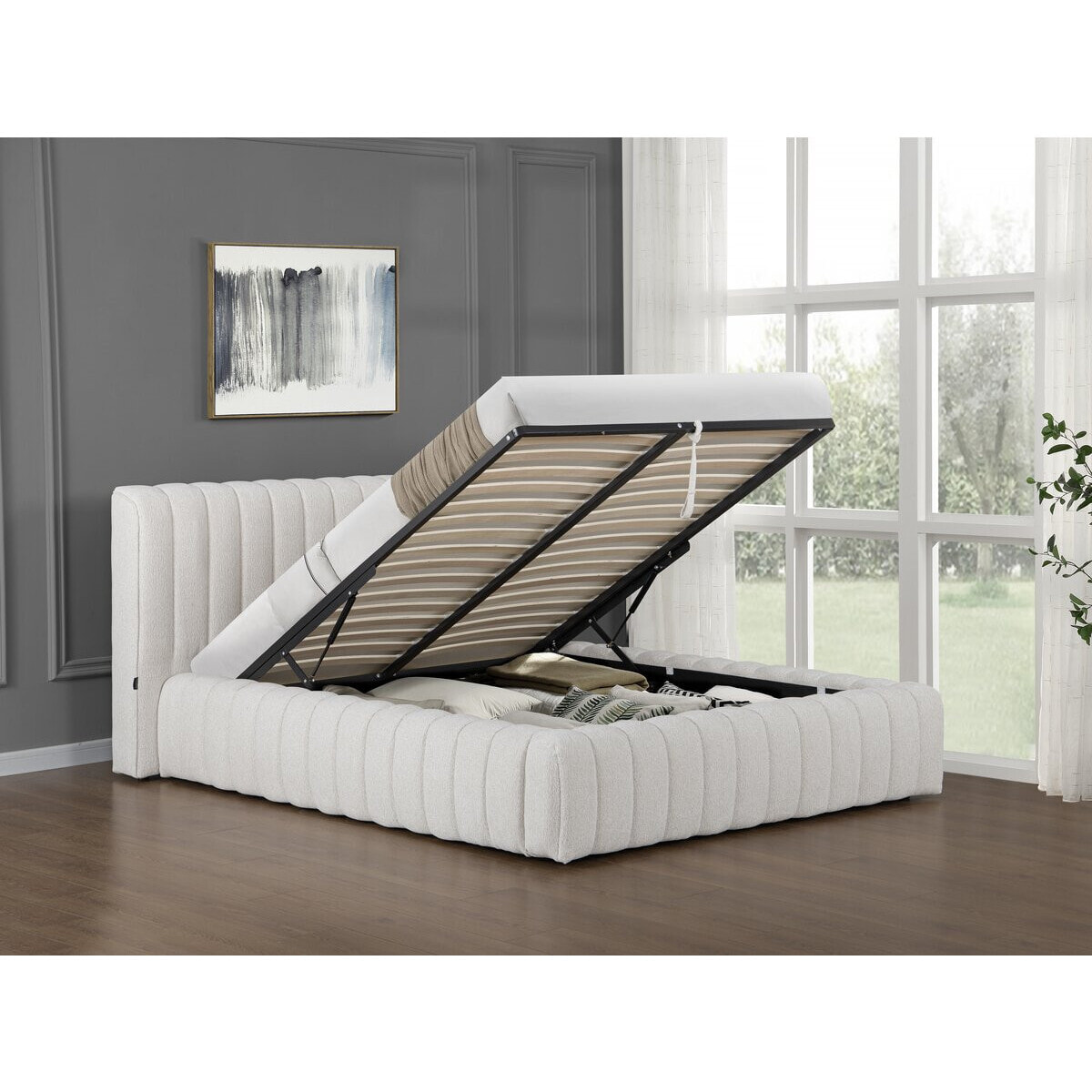 Lit double en tissu avec coffre "Tignes" - 160 x 200 cm - Beige