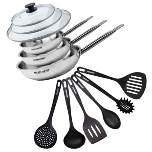 Set de 3 poêles de 20 24 et 28 cm en inox, 3 couvercles en verre et 6 ustensiles Fackelmann Eterna