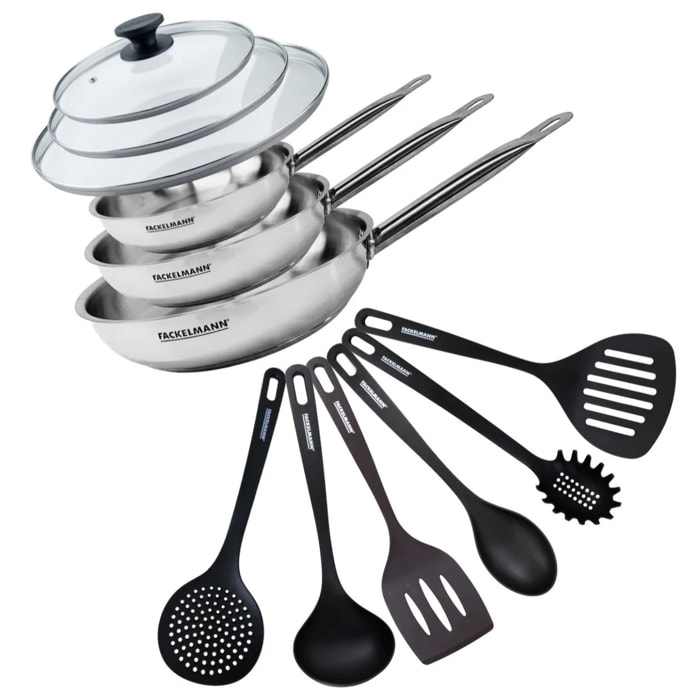 Set de 3 poêles de 20 24 et 28 cm en inox, 3 couvercles en verre et 6 ustensiles Fackelmann Eterna