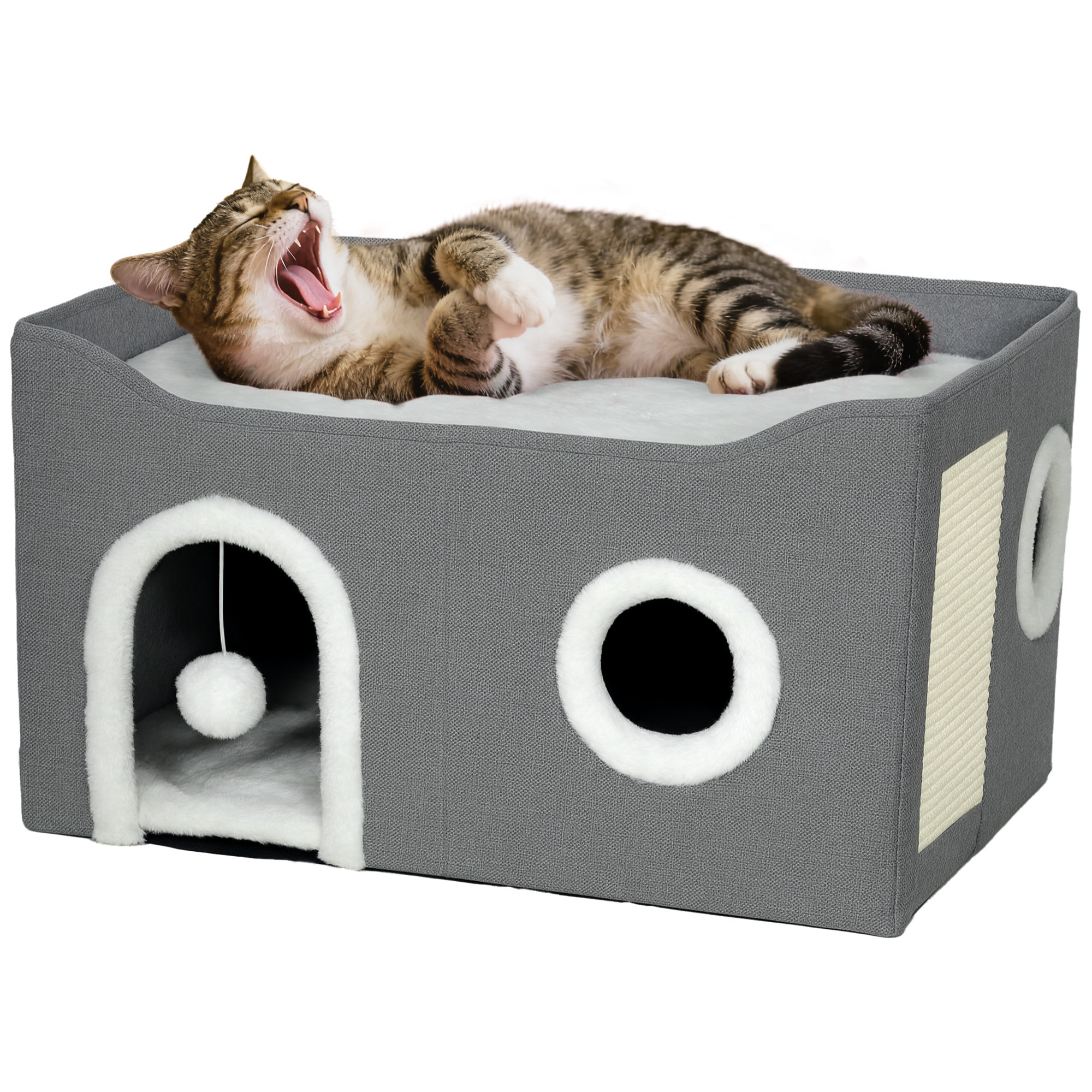 Casa para Gatos Plegable, Cama para Gatos con Rascador, 3 Entradas, Bola Colgante, Cojín Reversible en Felpa y Tipo Lino, para Interior, 60x40X34 cm, Gris