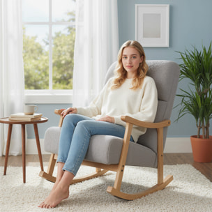 Silla Mecedora de Borreguito Moderna, Mecedora con Patas y Reposabrazos de Madera de Caucho, Respaldo Alto, Sillón de Lactancia Carga 120 kg, para Dormitorio, Salón