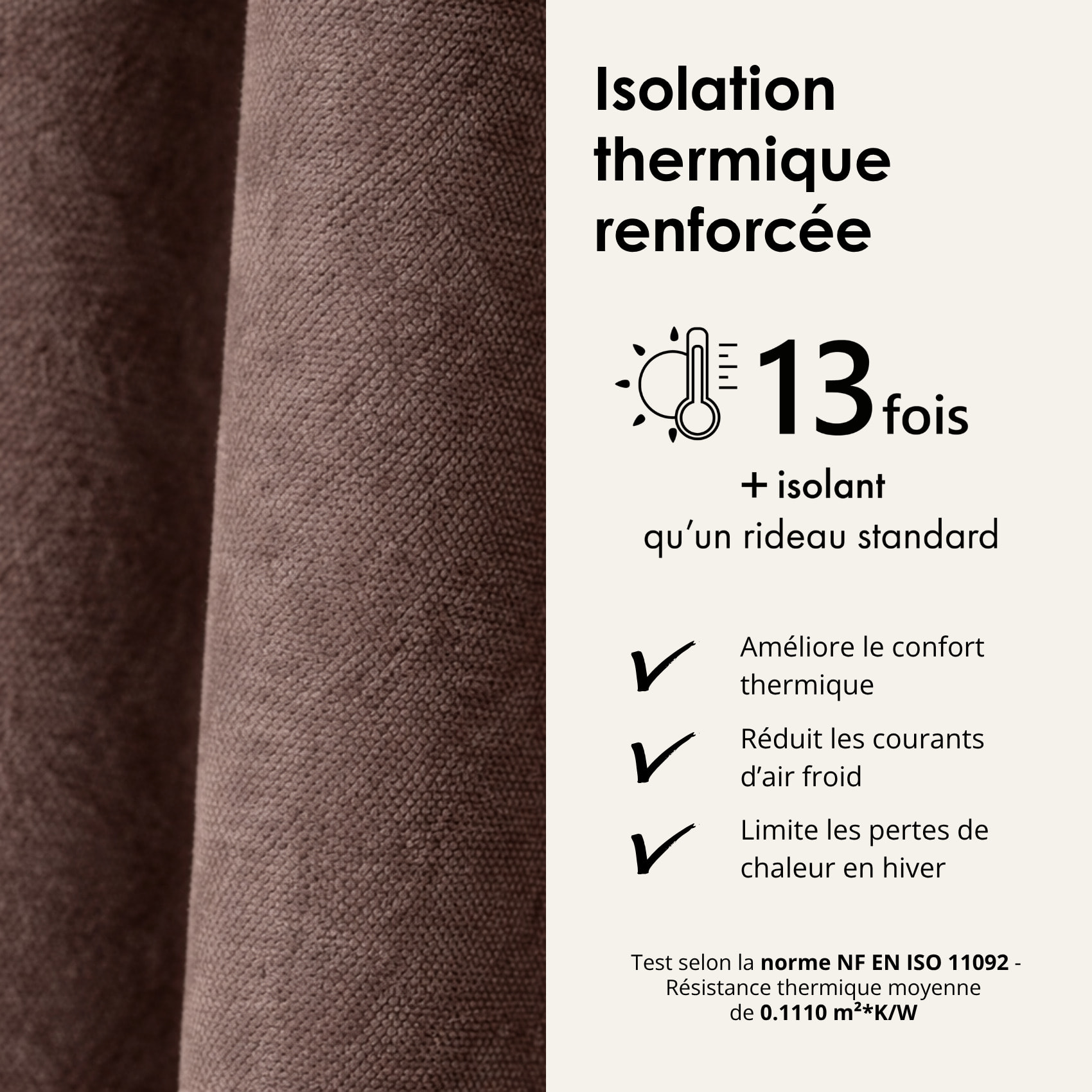 Rideau thermique phonique et semi occultant à galons fronceurs KONFOR - Taupe