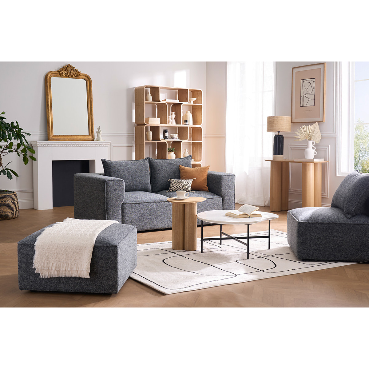 Pouf repose pieds en tissu chiné gris foncé KERRY