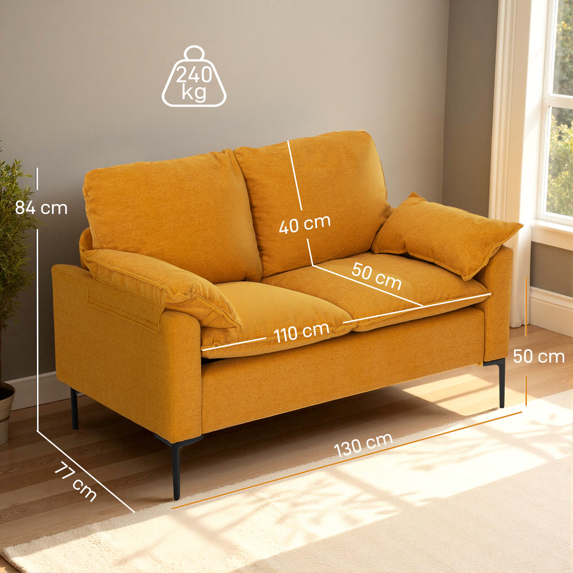 Sofá de 2 Plazas, Tapizado en Terciopelo, Sofá Moderno con Patas de Metal, Reposabrazos Acolchado, para Salón, Dormitorio, Oficina, Sala de Estar, 130x77x84 cm, Amarillo