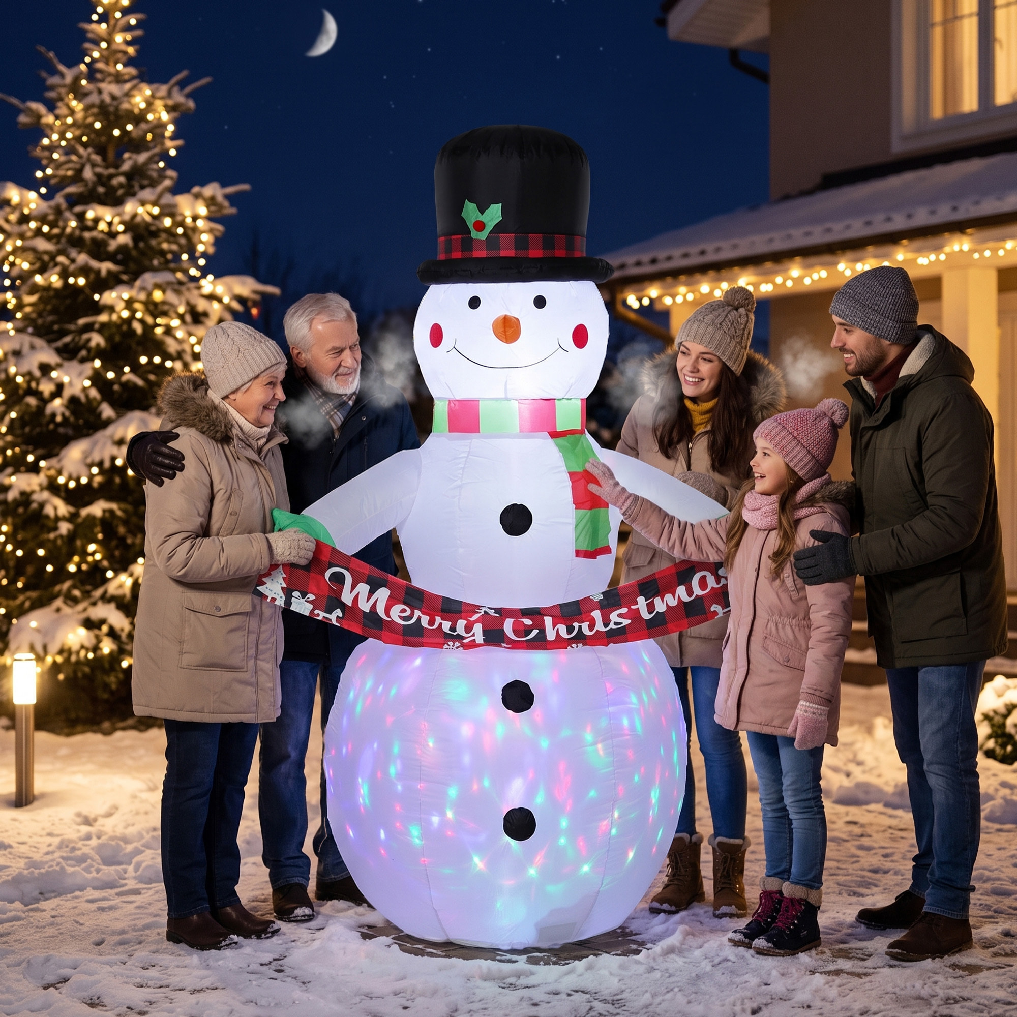 Outsunny Muñeco de Nieve Hinchable de Navidad 205 cm con Luces LED, Muñeco Inflable Navideño Exterior con Música, Decoración Navideña para Jardín, Patio, Terraza, Casa, Balcón