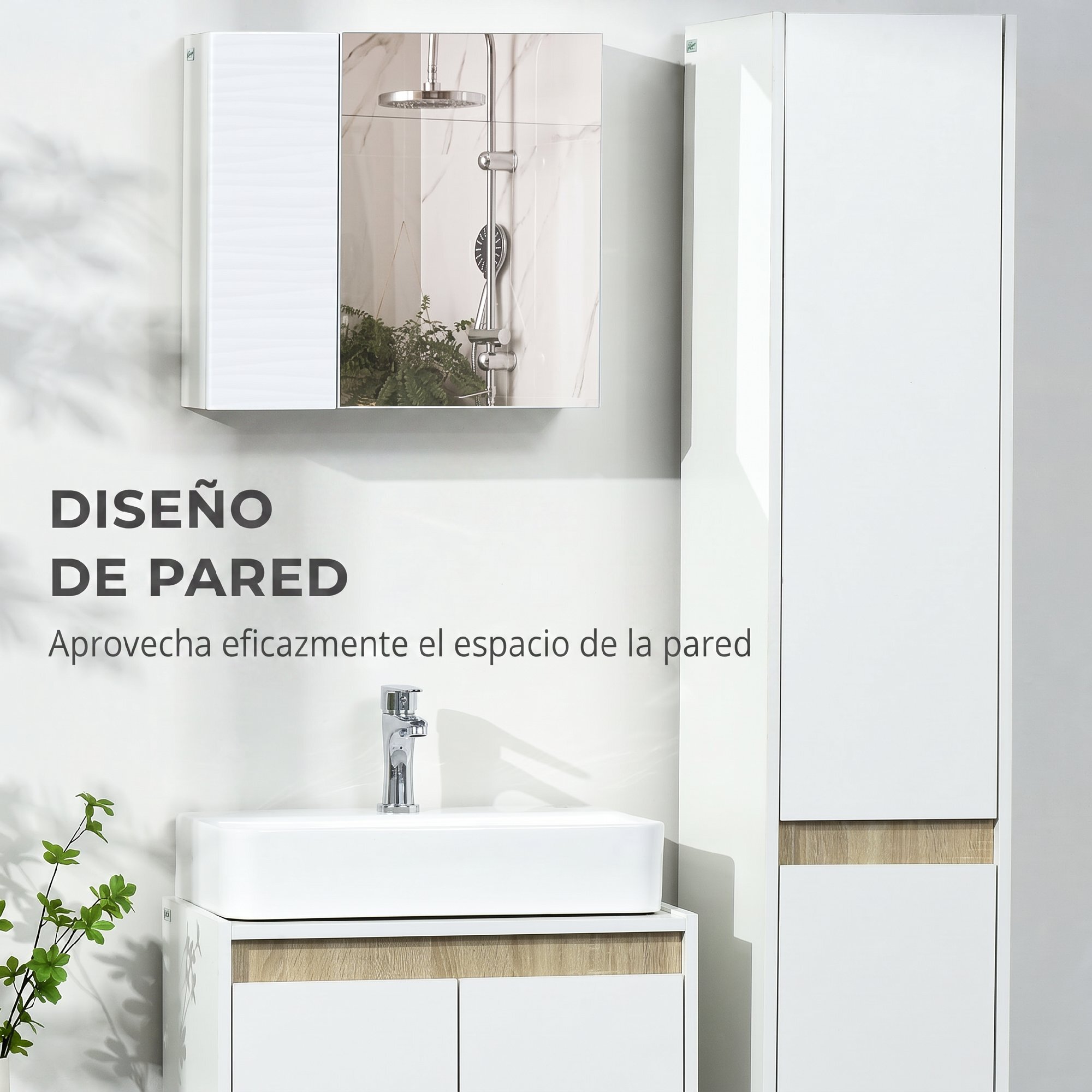 Armario de Baño con Espejo, Armario de Pared con 2 Puertas, Estantes Ajustables, Mueble de Baño Colgar, 48x15x45 cm, Blanco