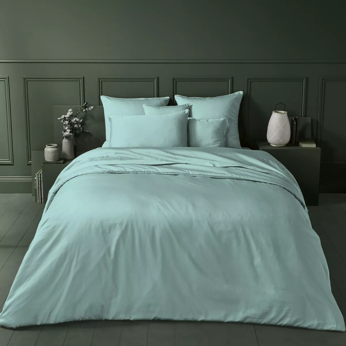 Housse de couette satin de coton uni bleu Ava uni mint
