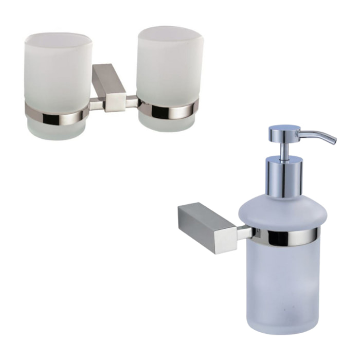 Multi set double pot à brosse à dent + distributeur de savon en verre dépoli, chrome (ELEMULTI-SET4)