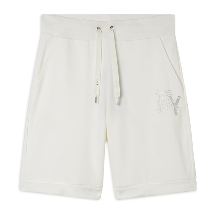 Pantaloni corti con Risvolto e Logo Strass