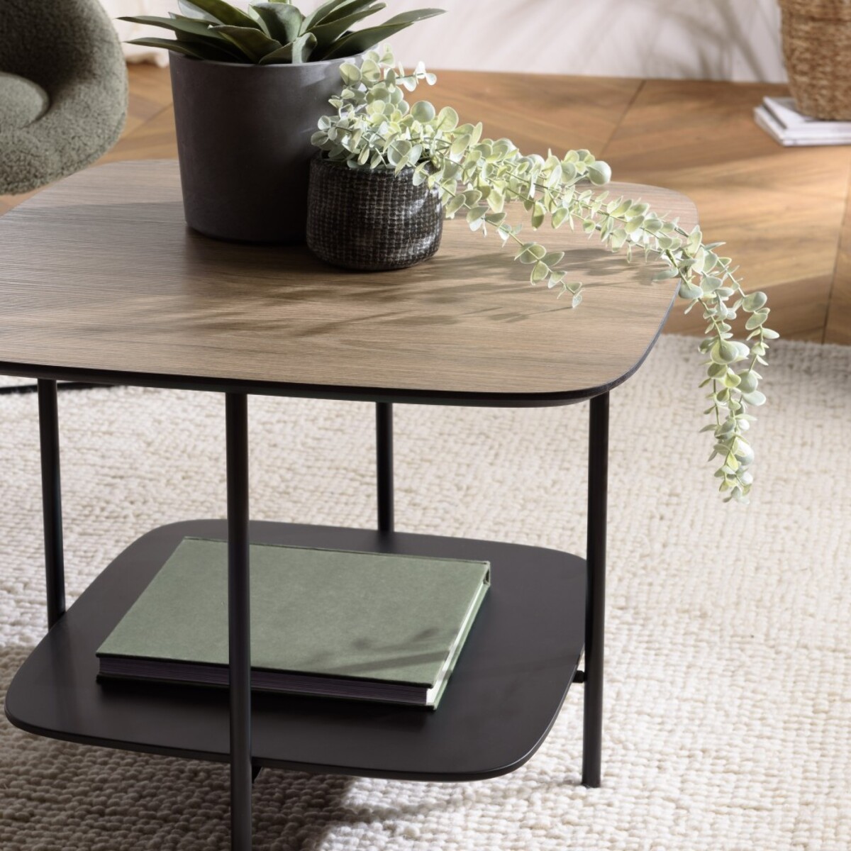 JULIA - Table basse 2 plateaux PM bi-matière mocha/noir pieds métal