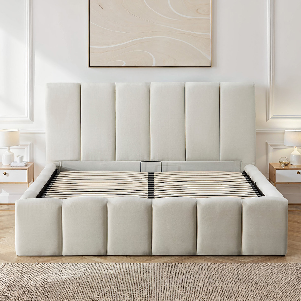 Lit Coffre en tissu beige Madeleine