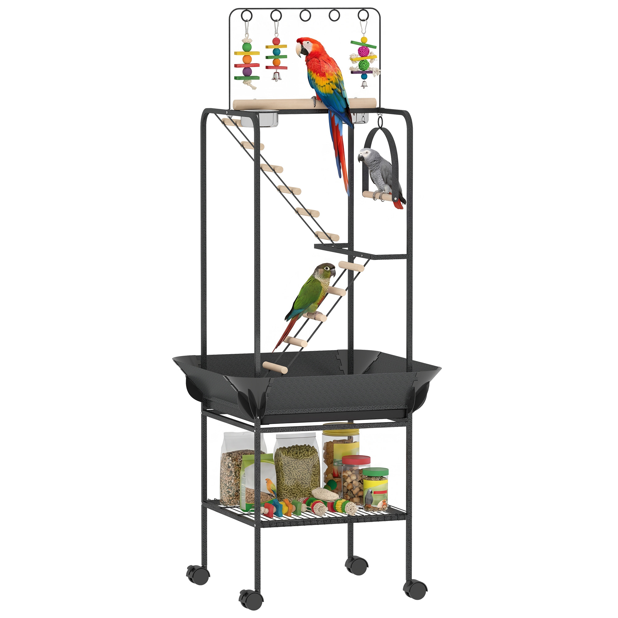 Parque de Juegos para Pájaros, Soporte para Pájaros con Ruedas, Escaleras, Columpio, Protector de Semillas, Bandeja, Comederos, Perchas, Gancho, Estante, para Periquitos Cacatúas, 63x63x163 cm