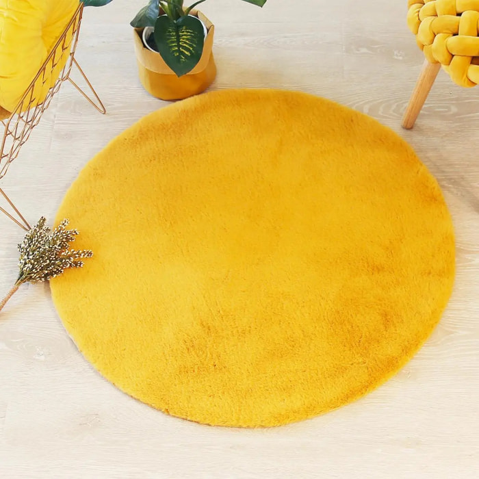 Tapis extra doux - effet fourrure - jaune moutarde D80 cm